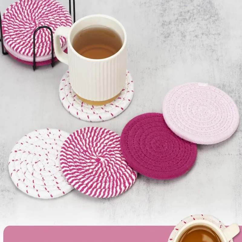 

8pcs Elegant Woven Polyester Cup Coasters Set with Black Metal Stand Coffee Table Essentials Decorative Coasters