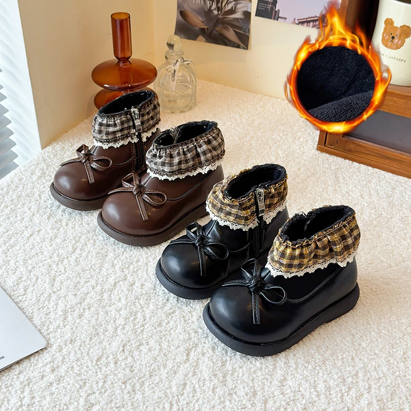 

Girls Princess Boots Simple Bows Soft Bottom Children Short Boots Round Toes 2025 Winter New Kids Ankle Boots Side Zipper Suede