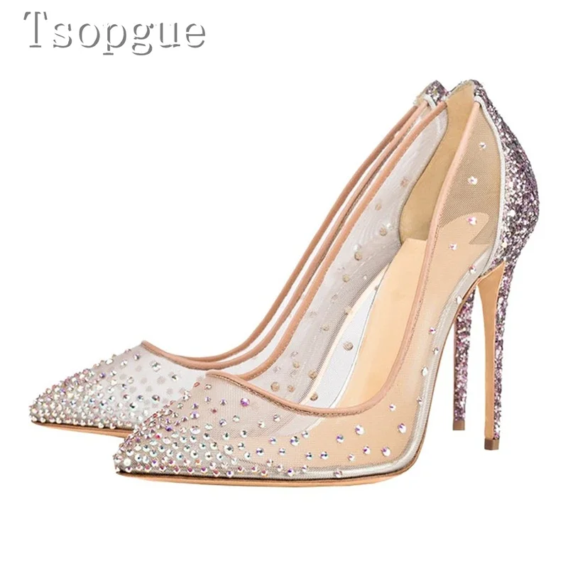 

Bling Sequin Rhinestone Decor Pumps Women Luxury Design Pointed Toe Mesh Thin High Heels Single Shoes for Wedding Party