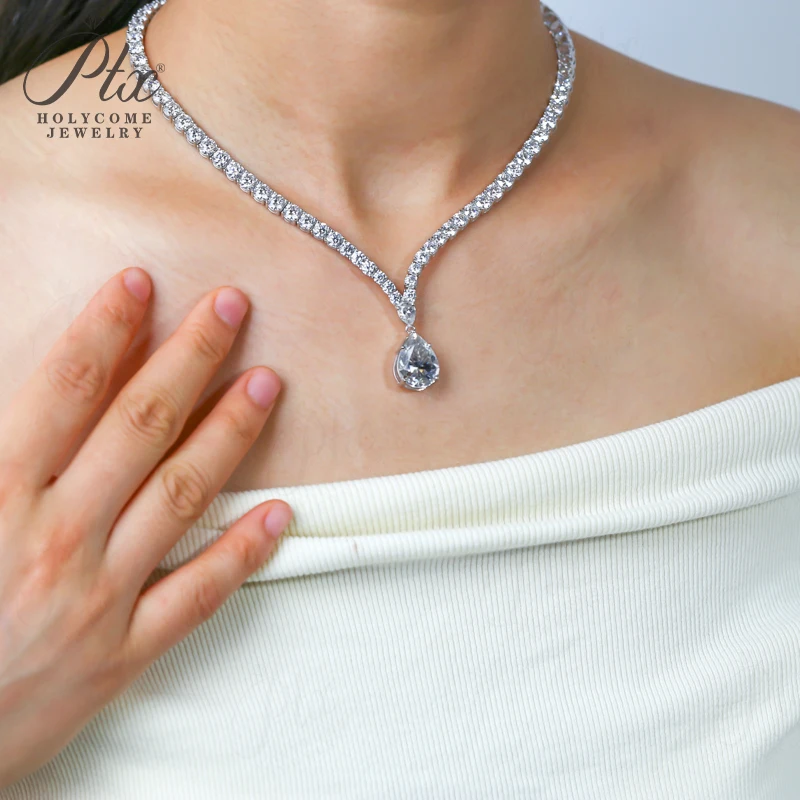 

Customize 10CT Tennis Chain Hiphop Ruby/Sapphire/Zambian/Colombia/Moissanite Pear 925 Sterling Silver Necklace Stackable Jewelry