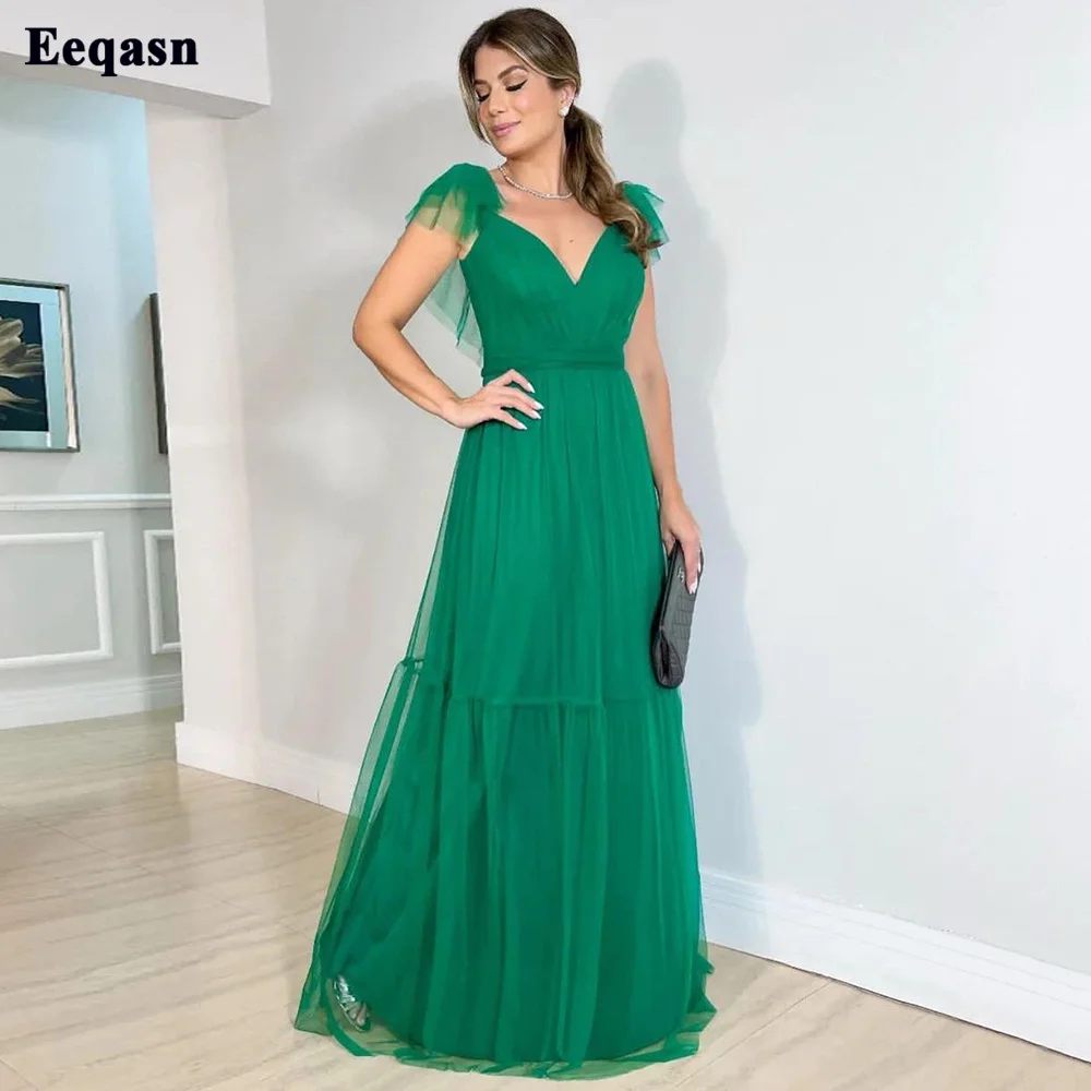 

Eeqasn Simple Green Tulle Evening Gowns Formal Party Dresses Long V-Neck Sashes Floor Length A Line Women Bridesmaid Dress