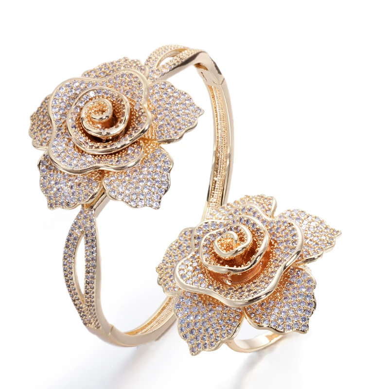 ThreeGrace Luxurious Cubic Zirconia Gold Color Large Flower Ring and Bangle Set for Women Trendy Banquet Dinner Jewelry JS540