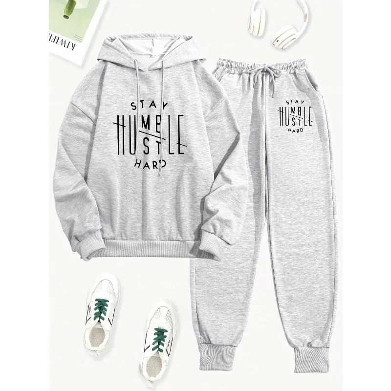 طقم هوديي وسراويل رياضية برباط وأكمام طويلة مكونة من قطعتين مطبوعة بحروف ثلاثية الأبعاد لعام 2025 للاستخدام المنزلي غير الرسمي