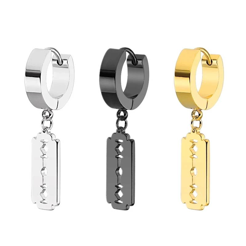 2Pcs Punk Rock Blade Pendant Earrings for Men Gothic Stainless Steel Vintage Razor Hollow Drop Earring Women Hip-hop Ear Jewelry