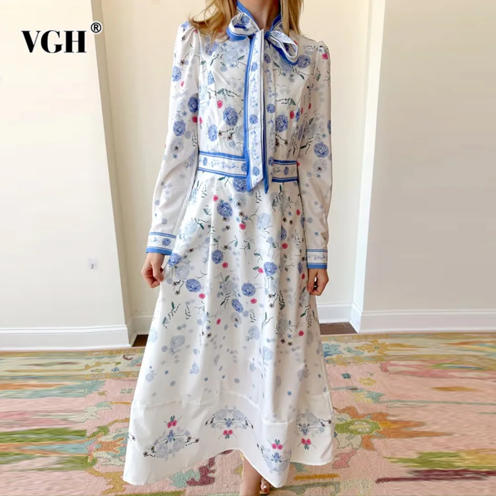 

VGH Hit Color Printing Spliced Lace Up Elegant Dress For Women Stand Collar Lantern Sleeve High Waist Temperament Dresses Female