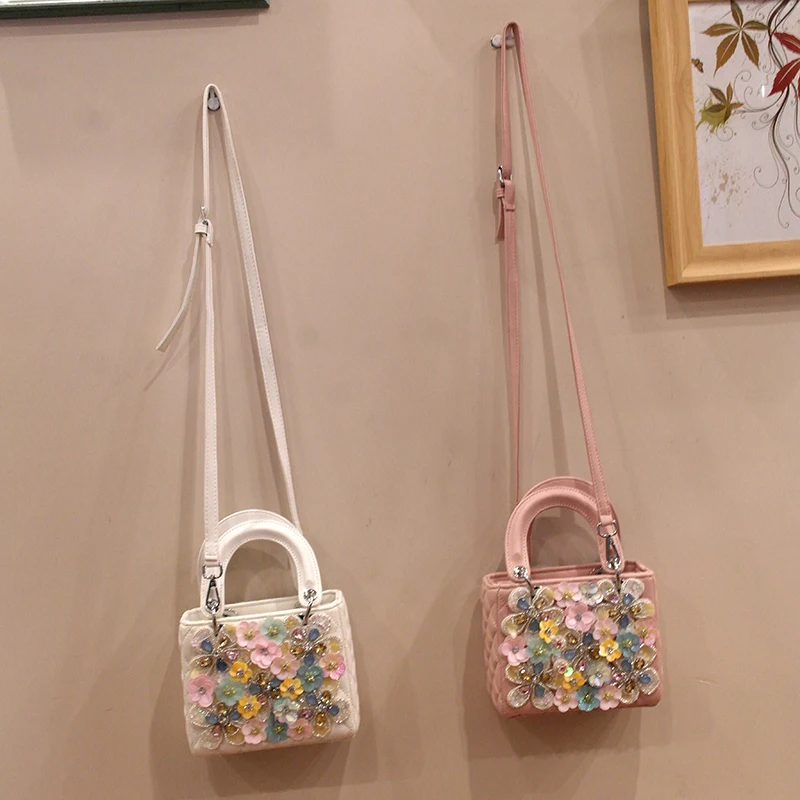 Colored Sequin Crystal Rhinestone Flower Applique Bag Women Fashion Luxury Sweet Shoulder Handbag Pu Leather Top Handle Purse