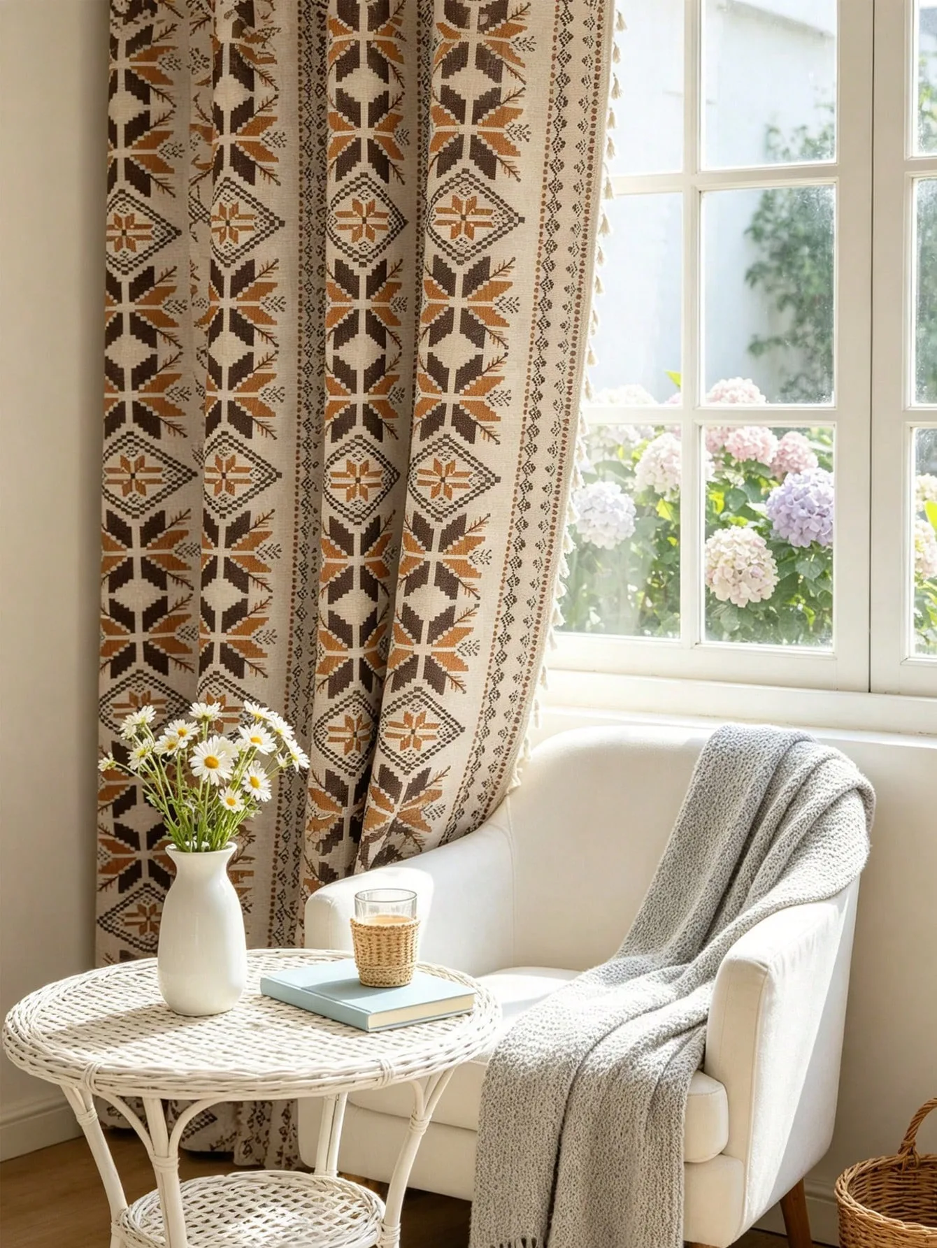 1PC Boho Tassel Sheer Curtains, Brown Orange Geometric, Digital Print, Linen Polyester, Bedroom Living Room, Home Decor