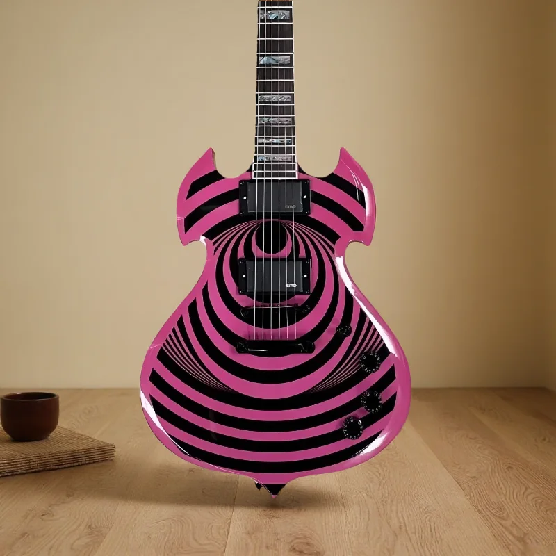 

Электрогитара с шестью струнами, модная розово-черная, с узором ZAKK, гриф из клена, звукосниматель H, фиксированный бридж