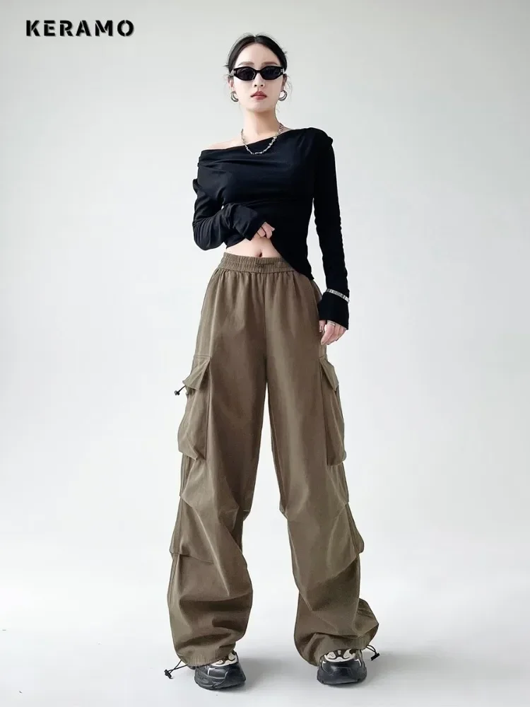 2024 Autumn Trashy Punk Casual Solid Color High Waist Wide Leg Pants Women's Fashion Loose Black Cargo Full Length Trousers