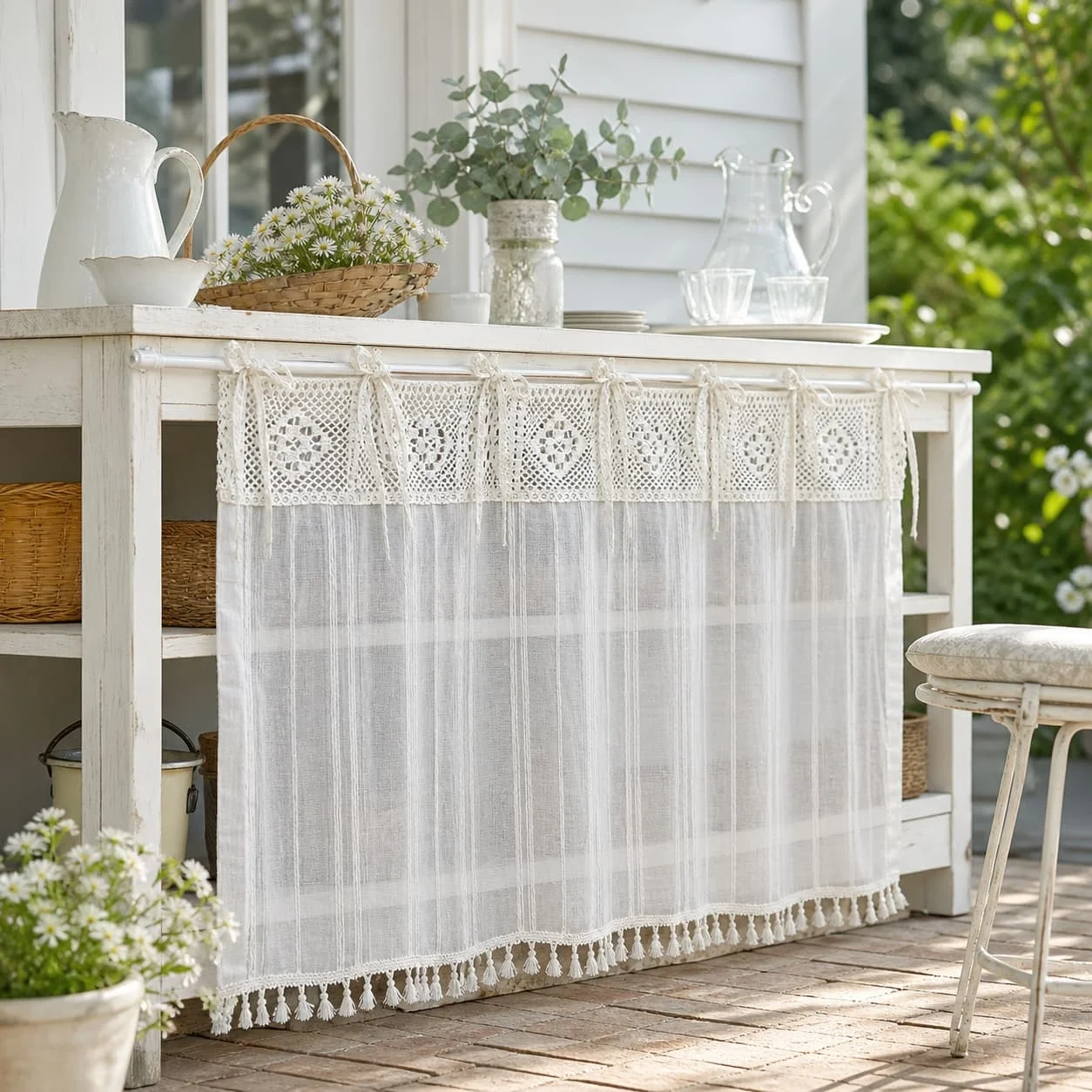 Vintage Crochet Lace Tie-up Half Curtain Tassel Edge Dustproof Curtain for Kitchen Window Oven Open Cabinet Renter Renovation