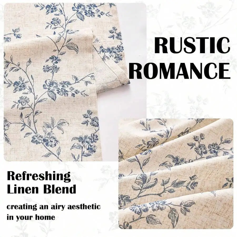 Blue Floral Linen Blend Curtains Farmhouse Style Rod Pocket Drapes For Living Room Bedroom Light Filtering