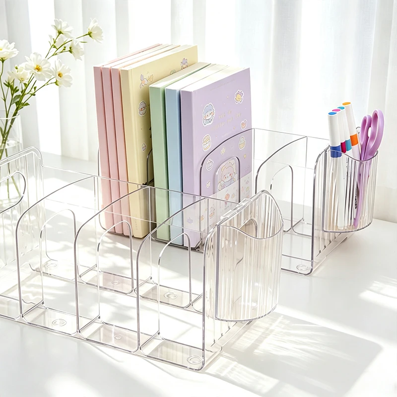 1/2pcs Transparent 4‑Grid Acrylic Book Stand with Handles, Desktop Organizer for Dorm, Books, Stationery & Office Documents