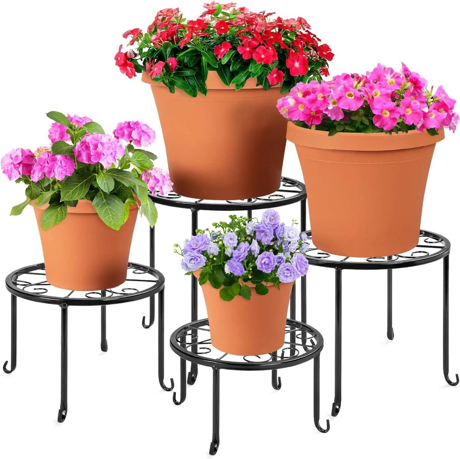 

Set of 4 Indoor Outdoor Metal Nesting Plant Stands, Flowerpot Holder Display Rack for Home & Garden Décor w/ Starburst Design