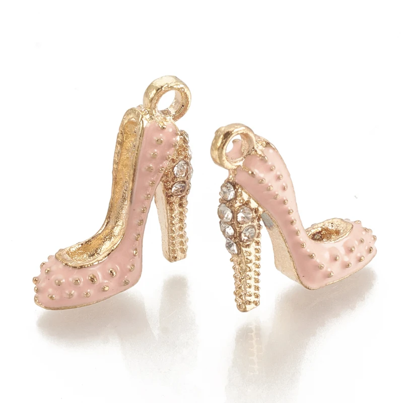 5pcs Alloy Enamel Stilettos Pendants  Cadmium Free & Lead Free  with Rhinestone  High-heeled Shoes  Light Gold  Pink 17.5x14x6mm