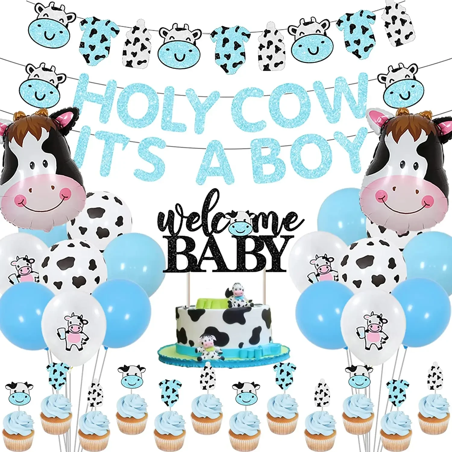 

Welcome Baby Shower Decorations, Blue Holy Cow, It's A Boy Banner, Cake Toppers, Balloons for Cow Gender Party Supplies