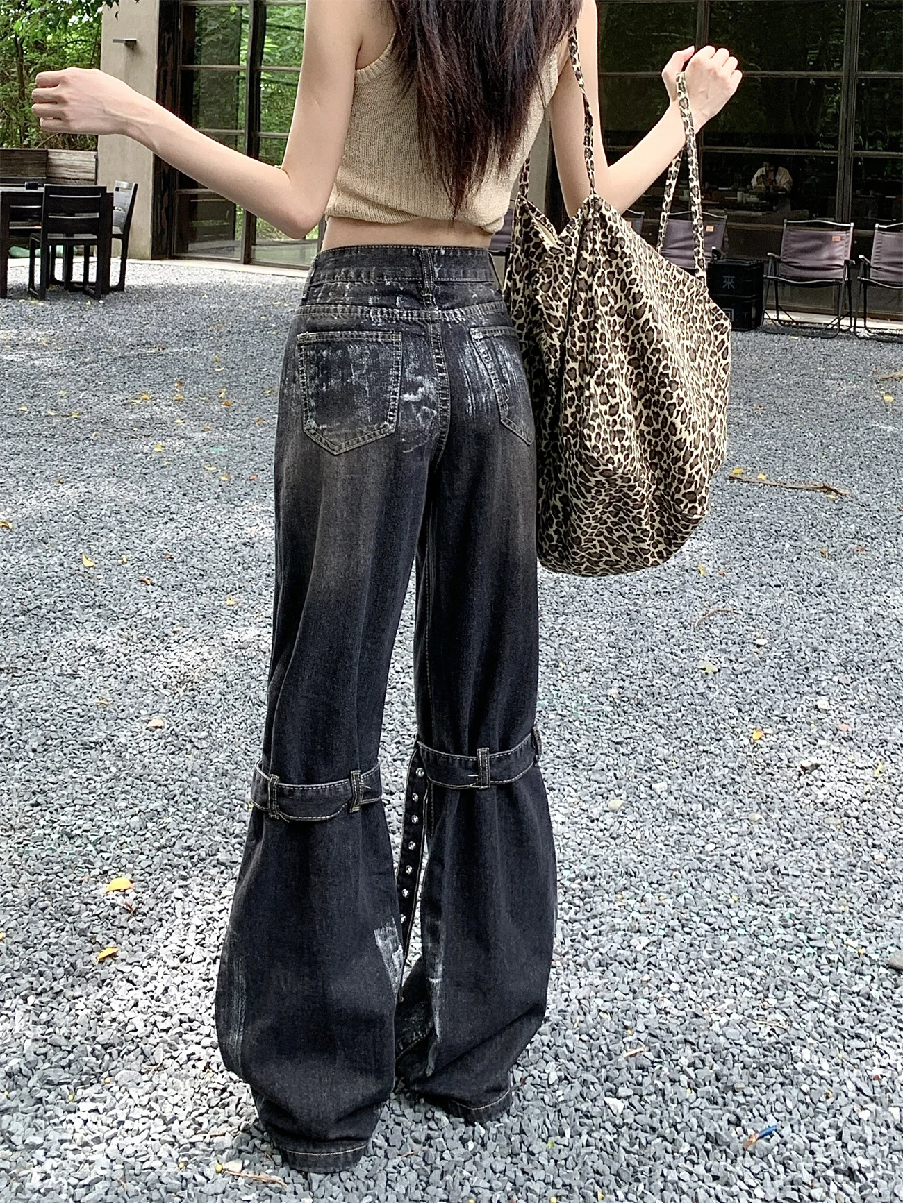 Gothic Style Bandage Trendy Women's Jeans Vintage American High Street Pants for Women Street Personality Fashion Jeans Woman