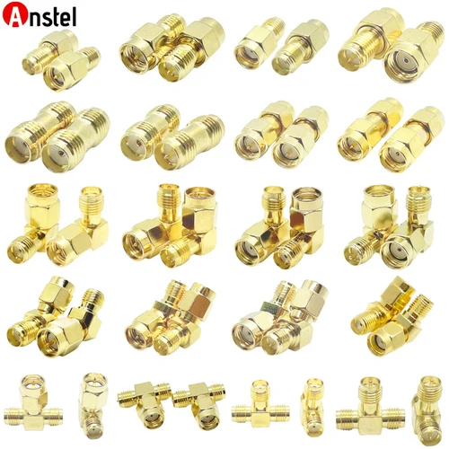 Imagen 1 del producto Adaptador SMA a SMA de Latón chapado en oro, Conector recto macho y hembra, RPSMA a RP-SMA, ángulo recto de 90 grados, divisor de 3 vías T