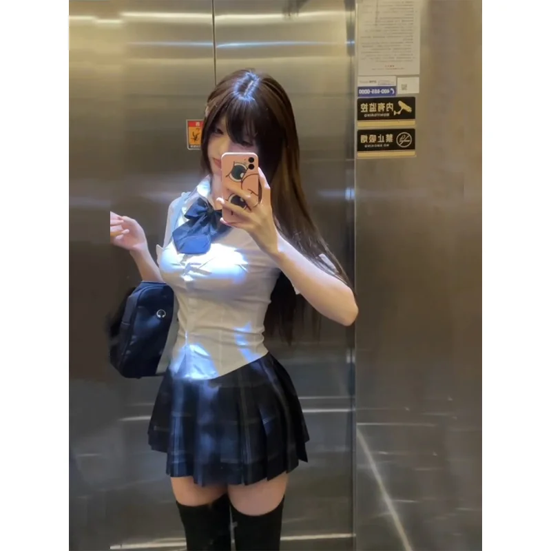 S-8xl plus size American Jk school uniform original uniform bow pleated skirt college style slim shirt high waist skirt suit