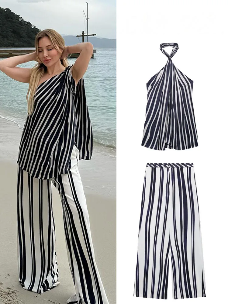 

HH Women Pants Suit Hanging Neck Collar Single Button Sleeveless Vest Top+Pocket High Waist Zipper Solid Double Pleated Pant