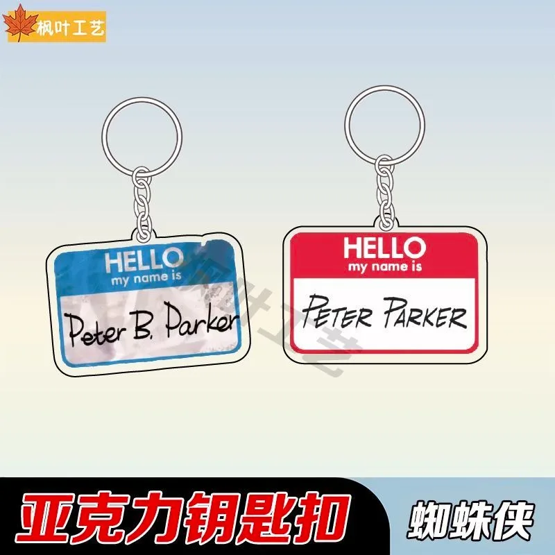 Spider-Man Cartoon Keyring Across The Spider Verse Peter B. Parker Name Tag Acrylic Keychain Bag Charm Toys Pendant Gift Cosplay