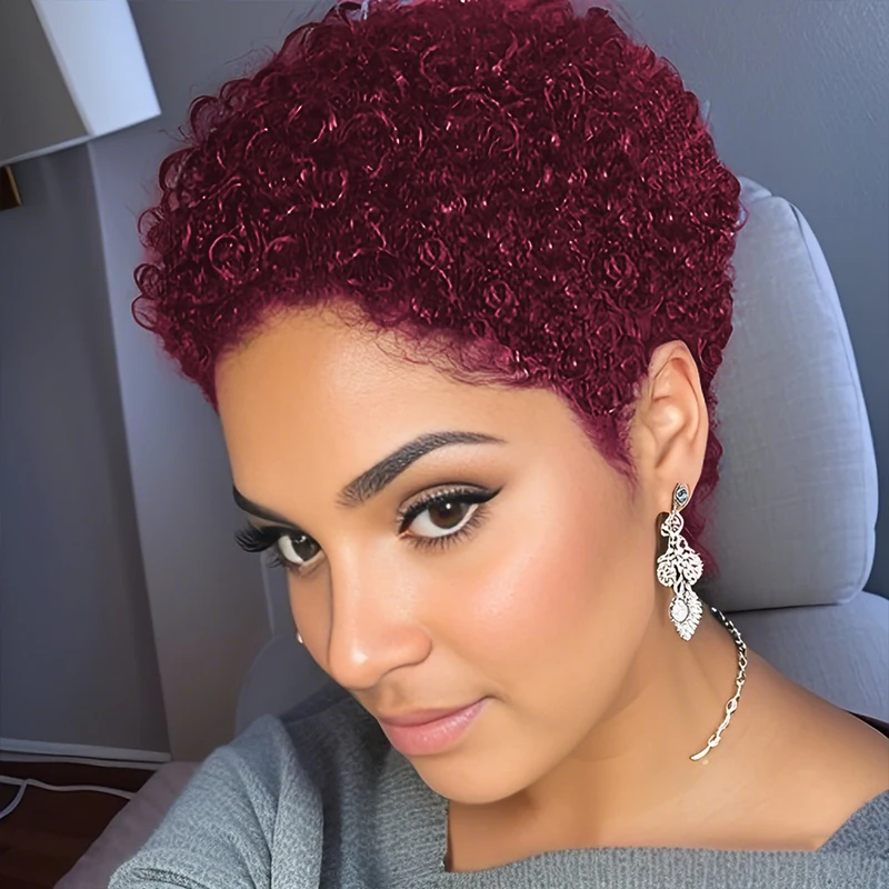 

Jerry Curly 100% Human Hair Short Afro Kinky Curly Pixie Cut Wig Machine Made Short Wigs for Women