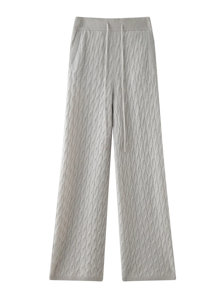 

TLOML Women's 100% Cashmere Knit Pants Thick Cable Knit Wide Leg Pants Autumn Winter Casual Simple Style Cashmere Knitwear Pants