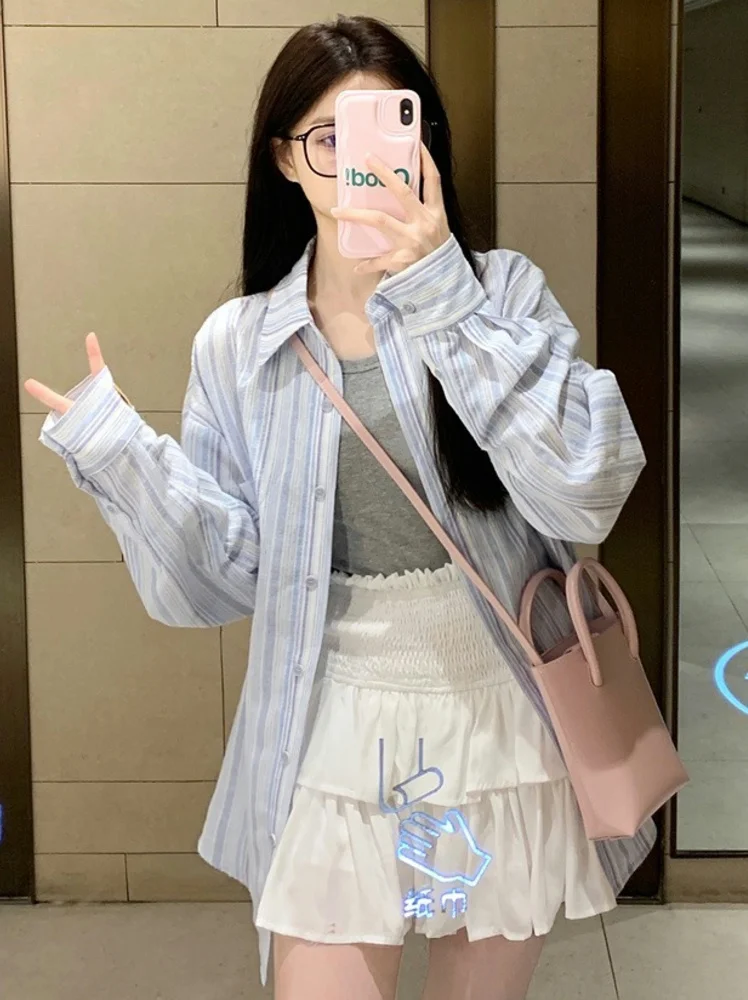 

Blue Striped Women's Sun Protection Shirt Jacket Casual Thin Long Sleeve Loose Fit Spring Autumn Summer Outerwear Collar