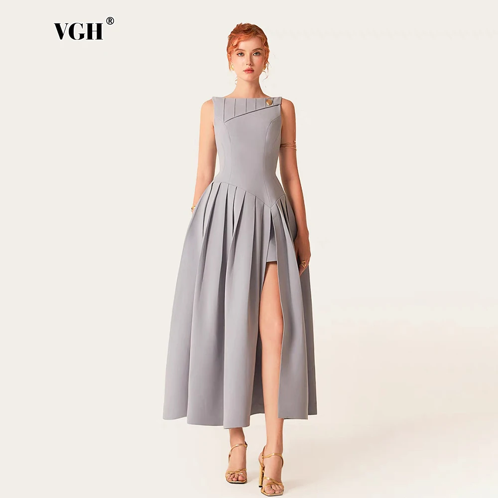 

VGH Solid Design Sense Slimming Long Dresses For Women Round Neck Sleeveless High Waist Spliced Zipper Elegant Dress Female New