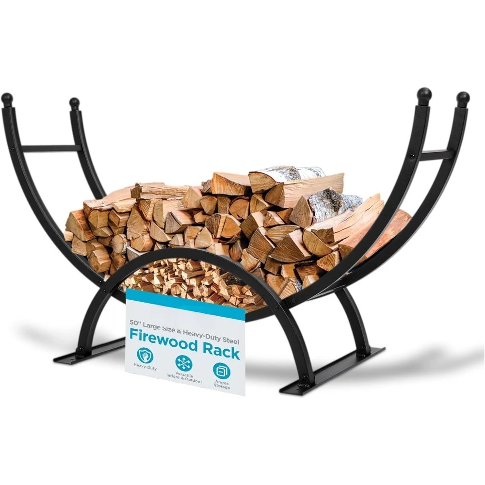 

50in Firewood Rack for Outdoor or Indoor Use | Fire Wood Log Storage Holder,Black Elevated Curved Design,Kindling Under Rack