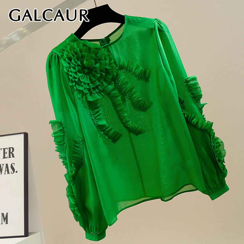 

GALCAUR Solid Spliced Ruffles Chic Shirt Female O Neck Long Sleeve Loose Irregular Design Women's Shirts Summer Style Fashion
