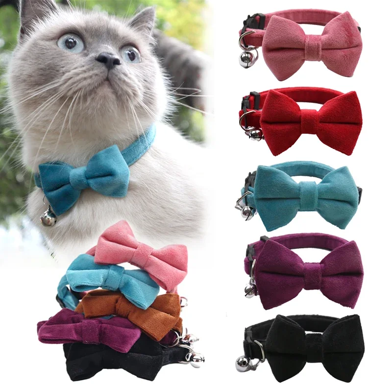 

Velvet Cat Collar Solid Color Bowknot Puppy Chihuahua Collars with Bell Adjustable Safety Buckle Cats Bow Tie Pets Accessories