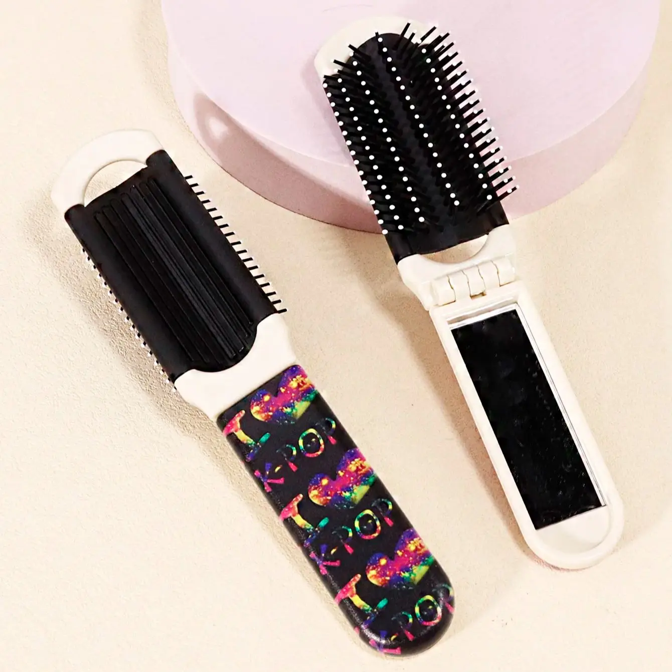 

Kpop Love Theme Folding Mirror Comb,Portable Mini Massage Airbag Comb,Designed for K-POP Fans , Special for real hair wigs