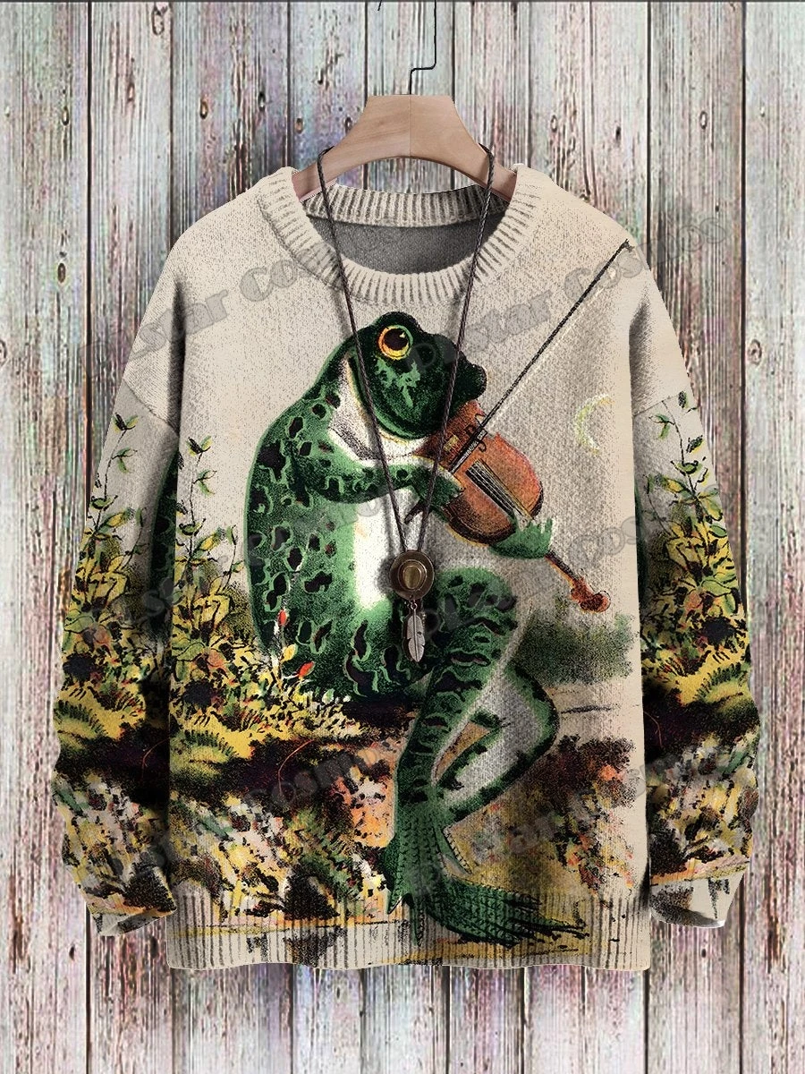 Vintage Cute Frog Yoga Mushroom Art Pattern 3D Printed Men\'s Knitted Pullover Winter Unisex Casual Knit Pullover Sweater ZZM120