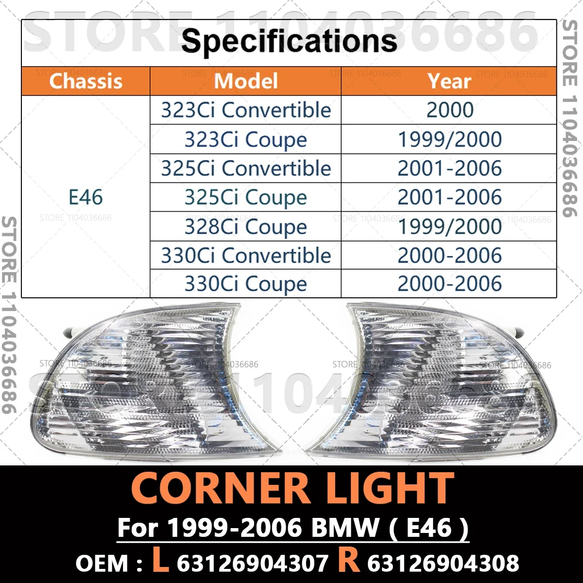 Kierunkowskaz, lampa obrysowa, światło pozycyjne, lampa narożna do BMW 323Ci 325Ci 328Ci 330Ci E46 (1999-2006) 63126904307 63126904308
