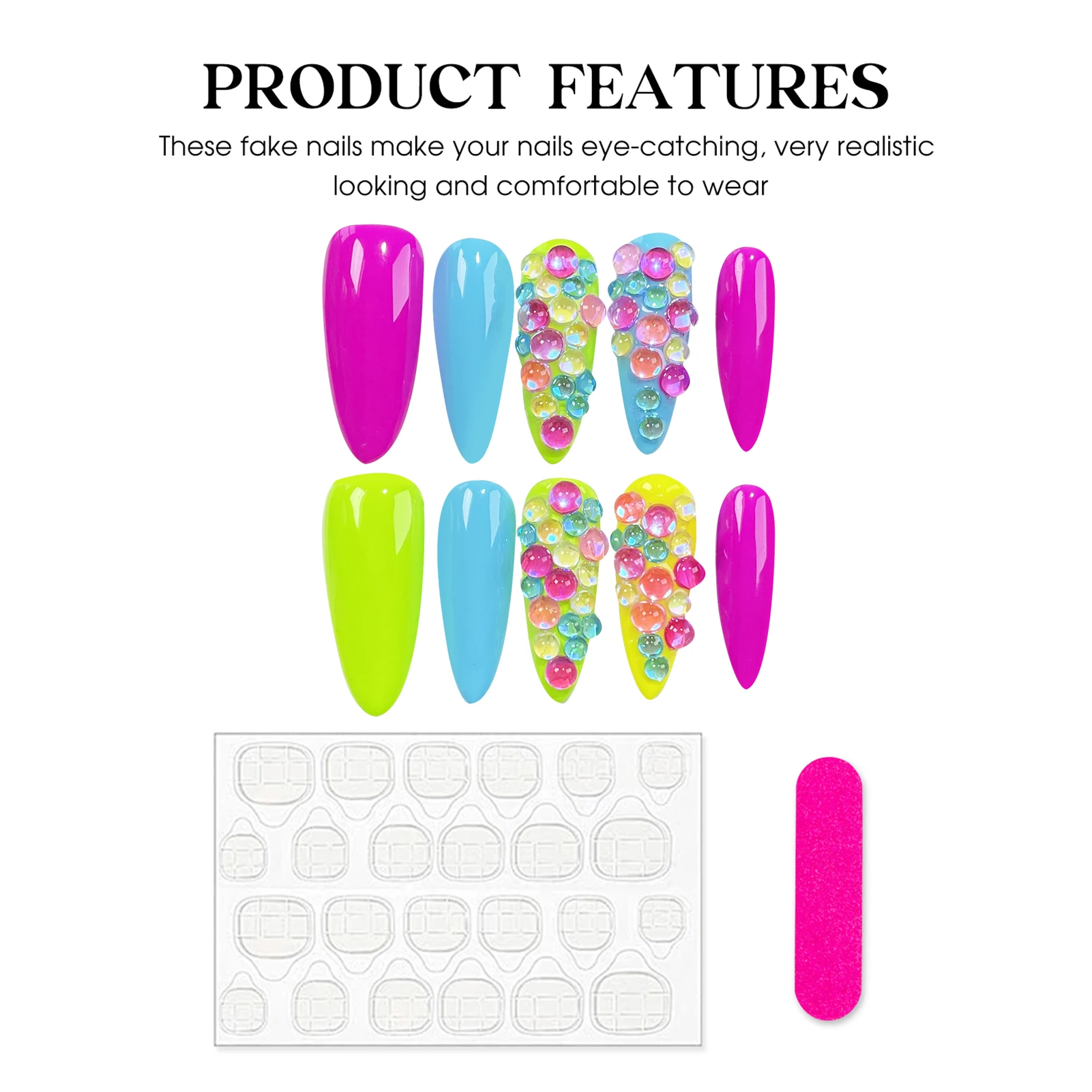 Press On Acyrlic Nails Colorful Y2k False Nails With Aurora Rainbow Rhinestone Decor Handmade Fake Nails Long Round Almond Shape