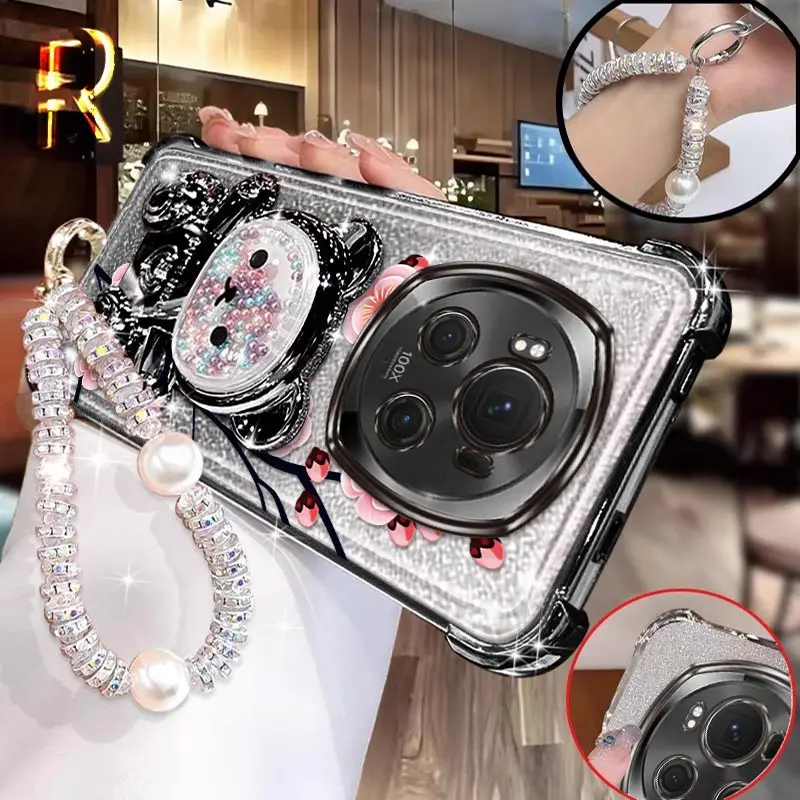 

Magic 6Pro Bright Pink flowers Bracelet Holder Phone Case For Honor Magic 300Pro X8 X9B 200 7Pro X8A 50SE X9A X6A 300 90 Cover