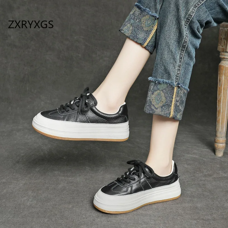 Zxryxgs 2024 outono rendas premium completo couro genuíno tênis plataforma sapatos aumentar tênis feminino sapatos casuais preto branco