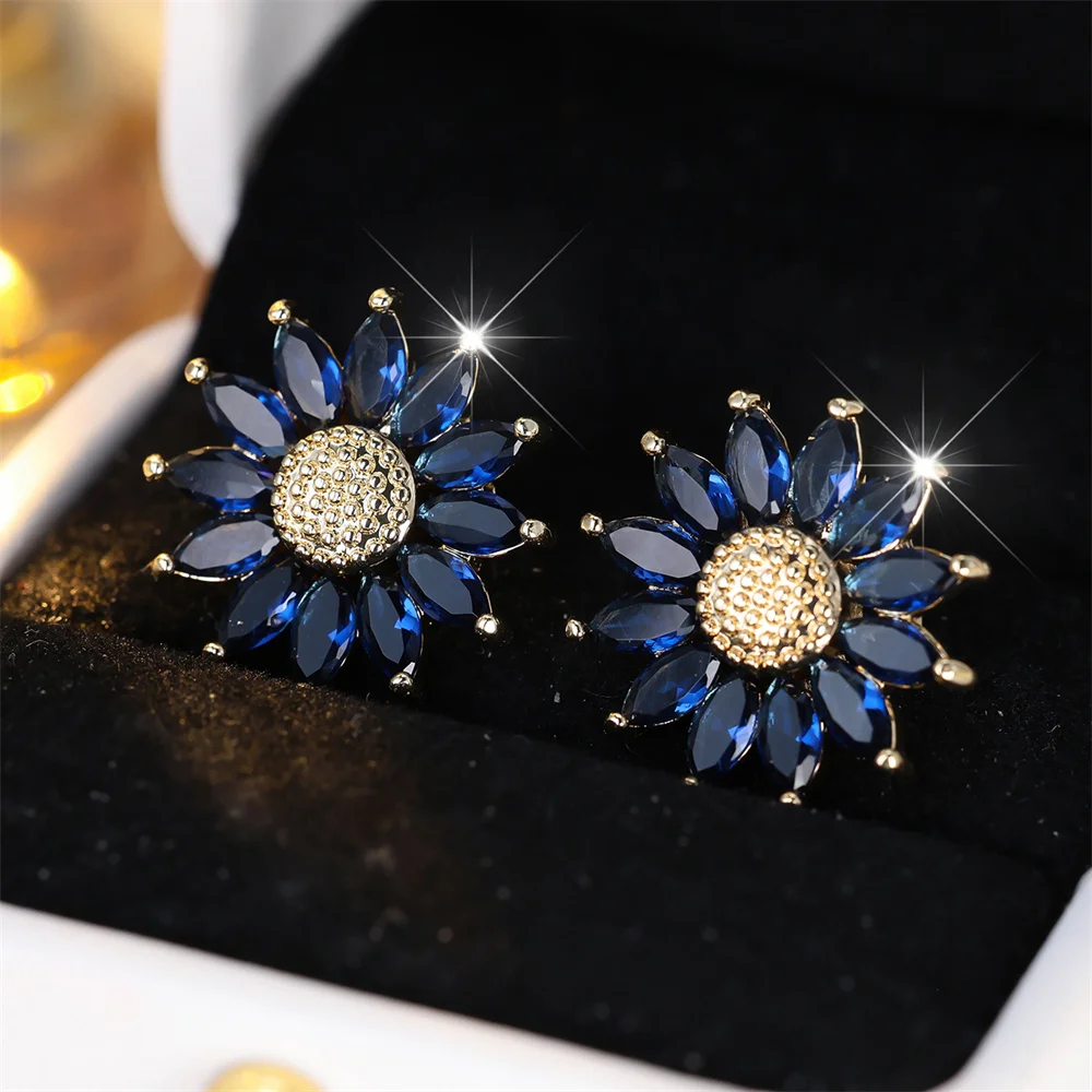 Blue Crystal Marquise Stone Fashion Sunflower Stud Earrings For Women Vintage Gold Color Wedding Earring Valentine Jewelry Gifts