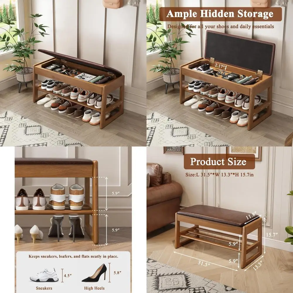 

Mid-Century Modern 2-Tier Rubberwood Shoe Rack Bench with 550lbs Capacity for Entryway Storage
