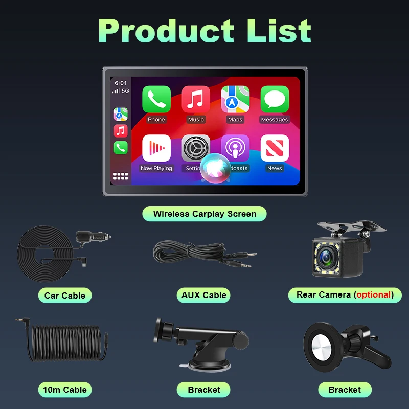 Universal 7 inch IPS Rotatable Touch Screen Car Radio Wireless Carplay & Android Auto WIFI Video Player AUX FM Bluetooth Stereo