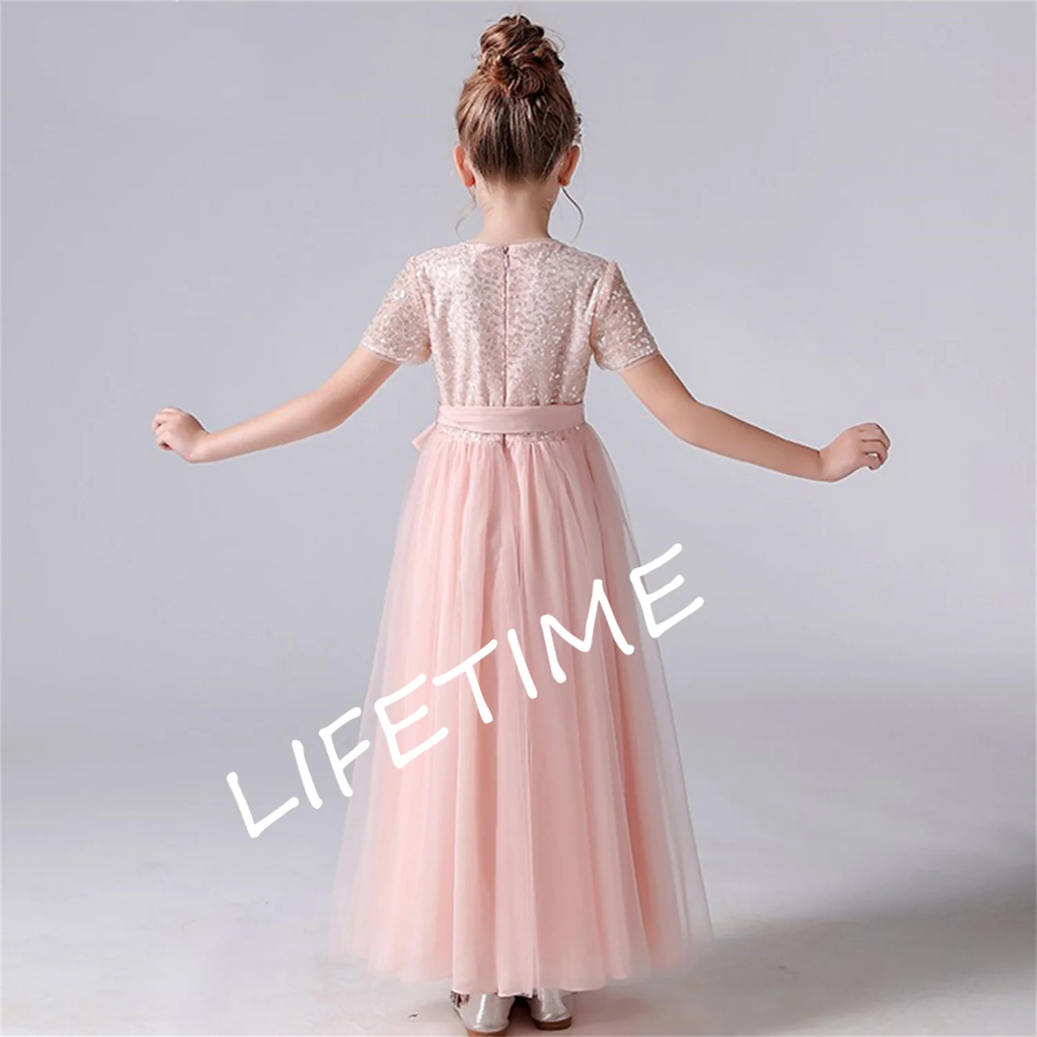 

Long Sequined Flower Girl Dress Tulle Short Sleeves Evening Party Dresses Junior Bridesmaid Girls Birthday Gowns