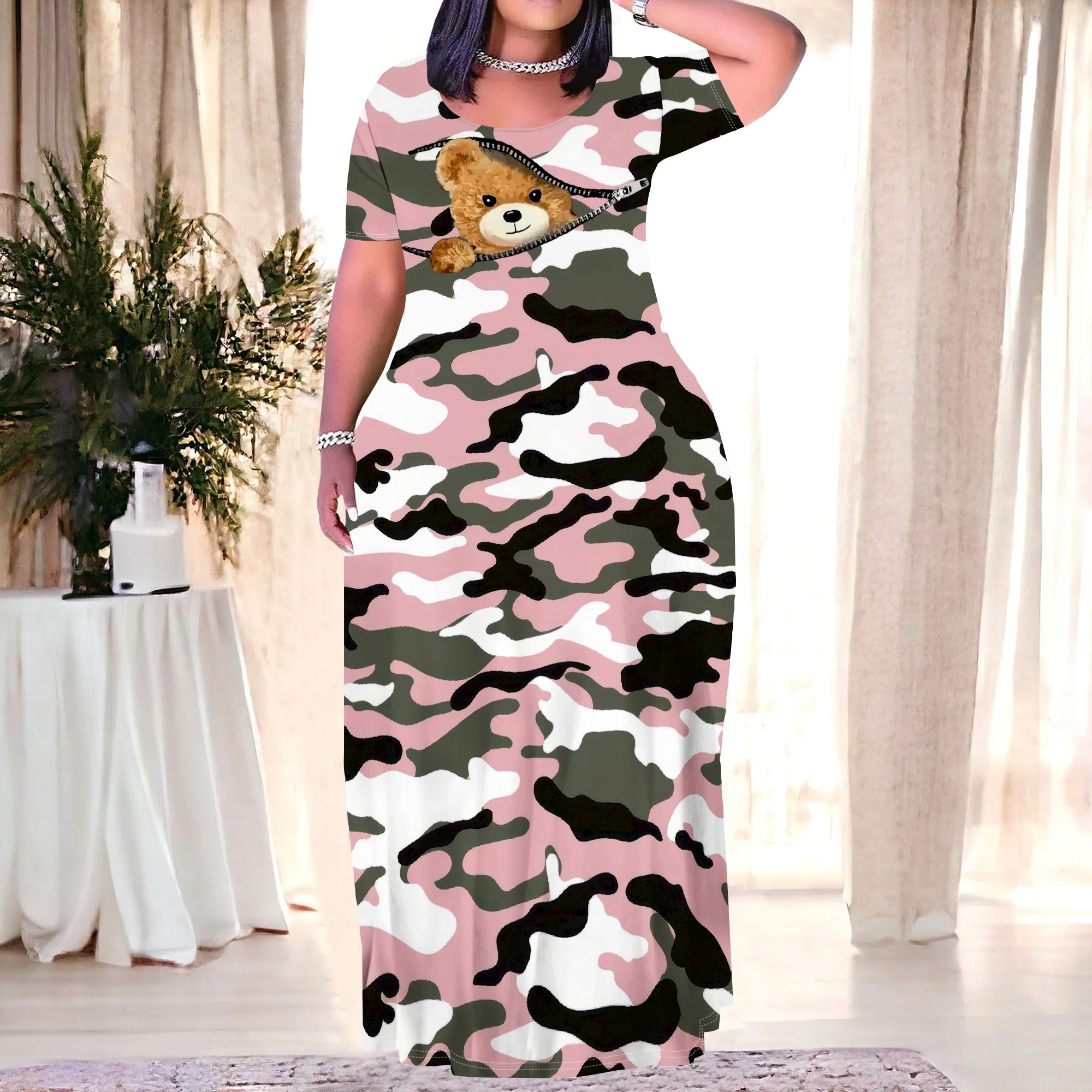 

Women's White Blossom Short-Sleeve Crew Neck Printed Maxi Dress with Pocket Polyester Wedding Summer Romantic