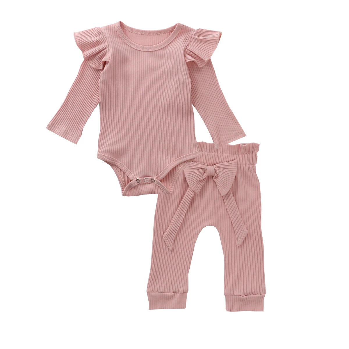 Adorable Baby Outfit Bundle with Hanging Strip Design Frilly Romper Bow Detail and Stretchy Pants - Sweet and Stylish