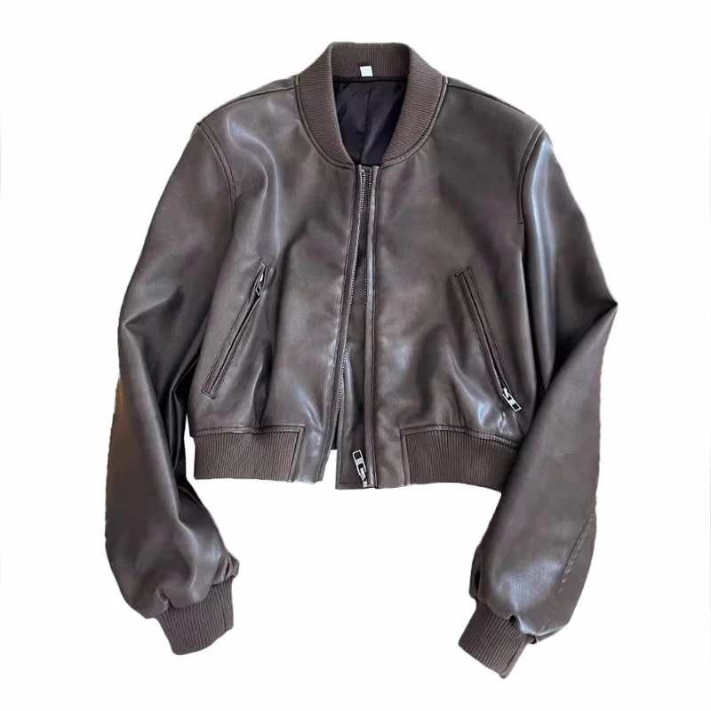 American Sle ort Pilot Jaet Fake Leather Women's Coat Durable Zipper Closure Long Sve Loose Fit Commute Sle