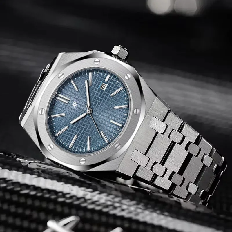 AP العلامة التجارية الكلاسيكية العصرية العلامة التجارية الرجال حساسية ساعة مقاوم للماء الفولاذ المقاوم للصدأ ساعة اليد مضيئة تاريخ ساعة زجاجية معدنية هدية