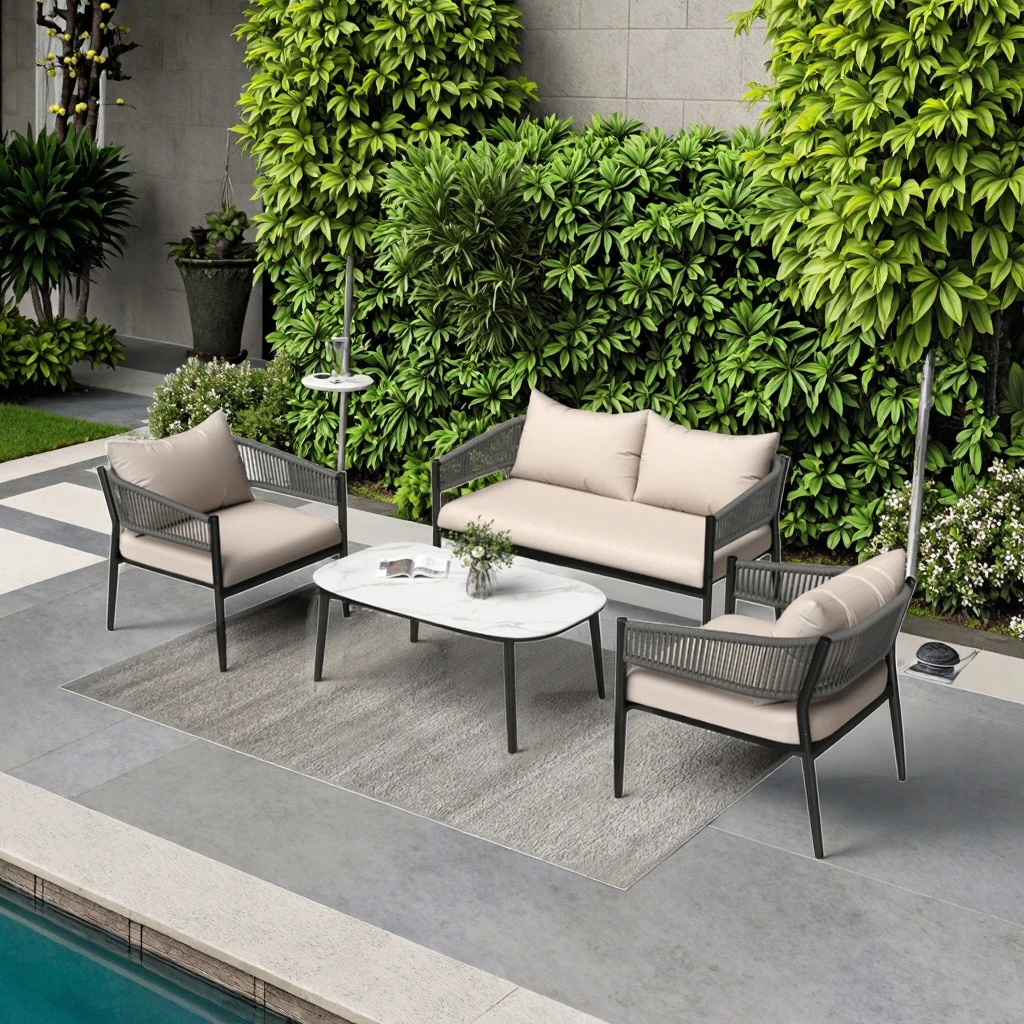 

Modern stainless steel outdoor garden sofa set with PE rattan, durable and comfortable, waterproof, four-seater furniture