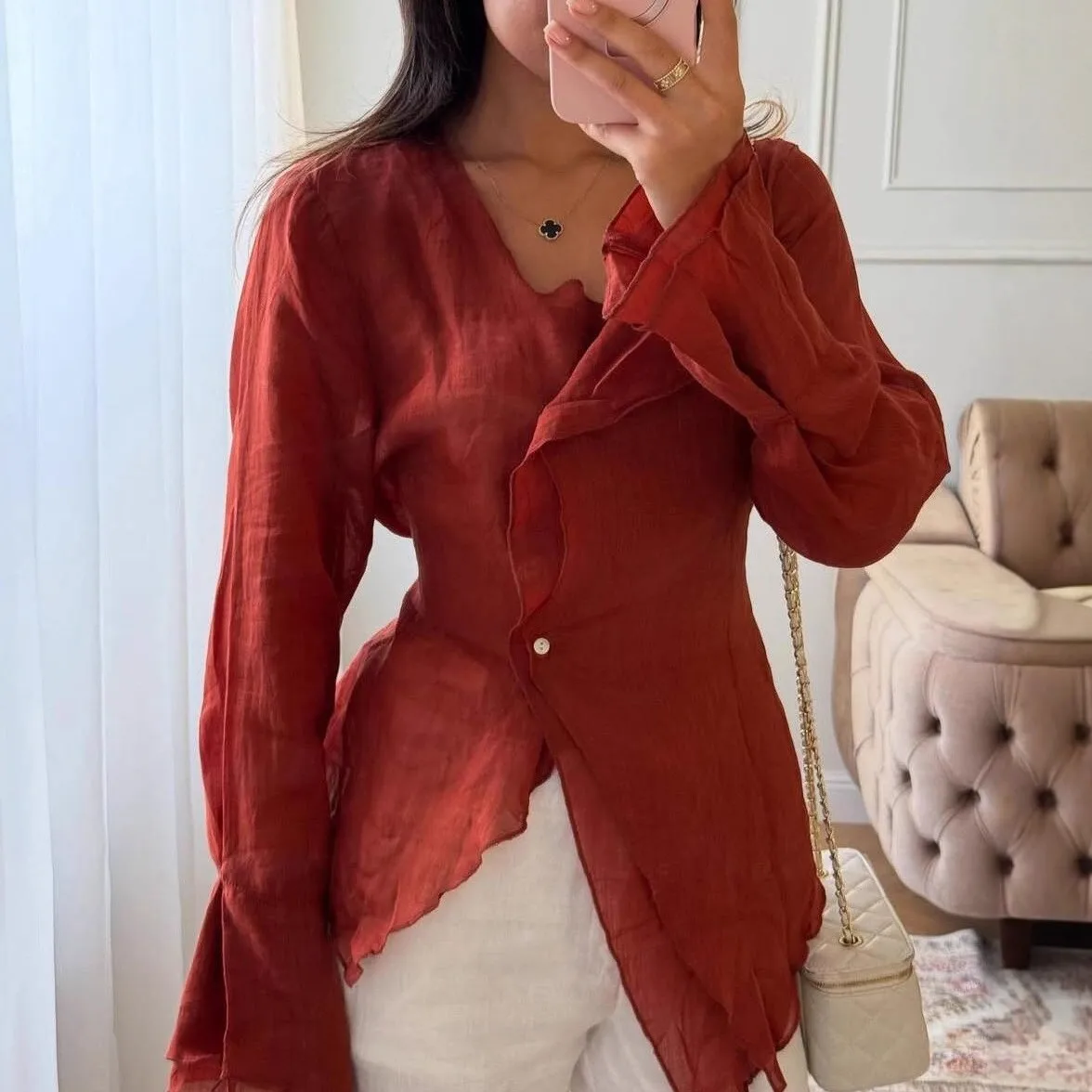 

2026 Spring Summer New Women Lace Up Irregular Casual Long Sleeve Shirt V Neck Top Women