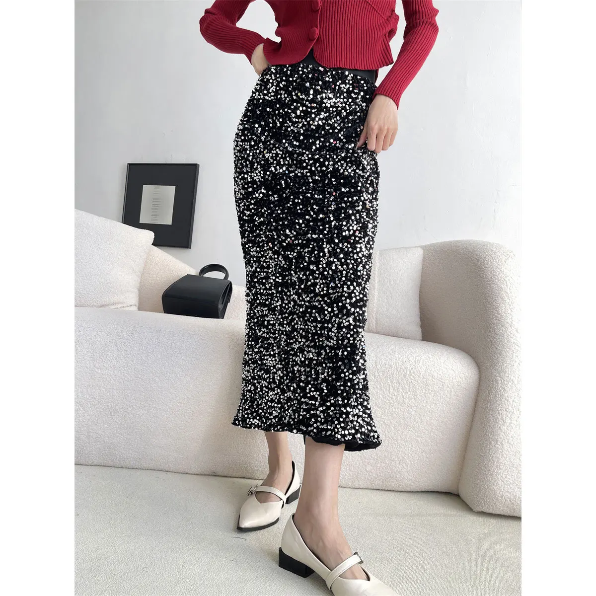 

2024 New Arrival Women High Waist Sequins Beading Party Skirt Clothes Women Sexy Bodycon Long Skirts Faldas Femme Streetwear