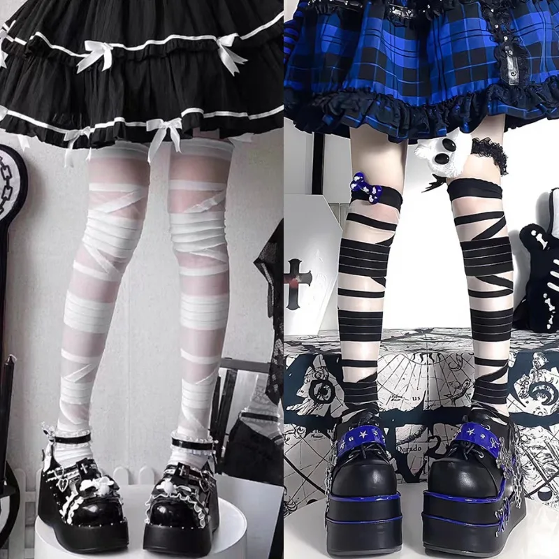 

Japanese Style JK Lolita Girl Thigh High Socks Lace Bandage Over Knee Fishnet Stockings Women Gothic Punk Black White Long Socks