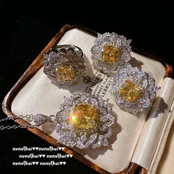 Fashion Vintage 925 Silver Jewelry Sets for Women Princess Cut Gemstone Lab Diamond Yellow Zircon Wedding Party Accessories